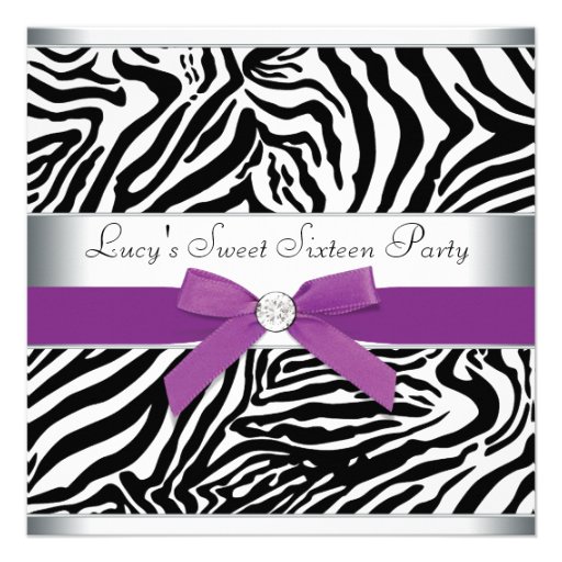 Zebra Purple Bow Purple Zebra Sweet 16 Birthday Custom Invitations