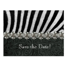 Zebra Rhinestone Black Leather Save the Date Postcard