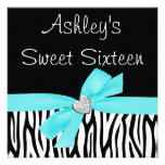 Zebra Teal Blue Bow Diamond Sweet 16 Invitations