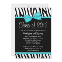 Zebra Teal Blue Printed Bow Graduation Party Custom Invitations