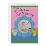Zoo Funnies Girl's First Birthday Photo invitations