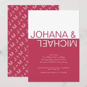 Μagenta, white colour block whimsical wedding invitation