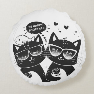 Вeautiful cats with roses and inscriptions BEHAPPY Round Cushion