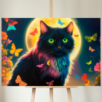 Сat butterfly moon flowers glow colourful fly cute
