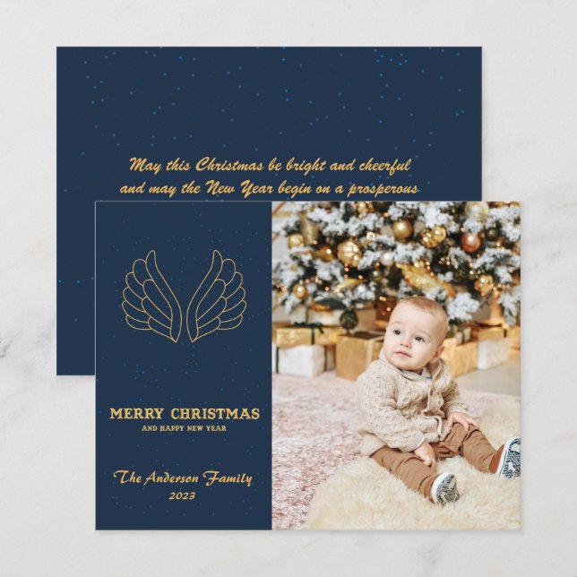Сhristmas blue gold angel wings family photocard  holiday card (Front/Back)
