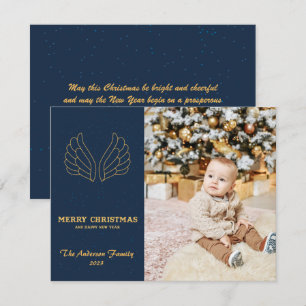 Сhristmas blue gold angel wings family photocard  holiday card