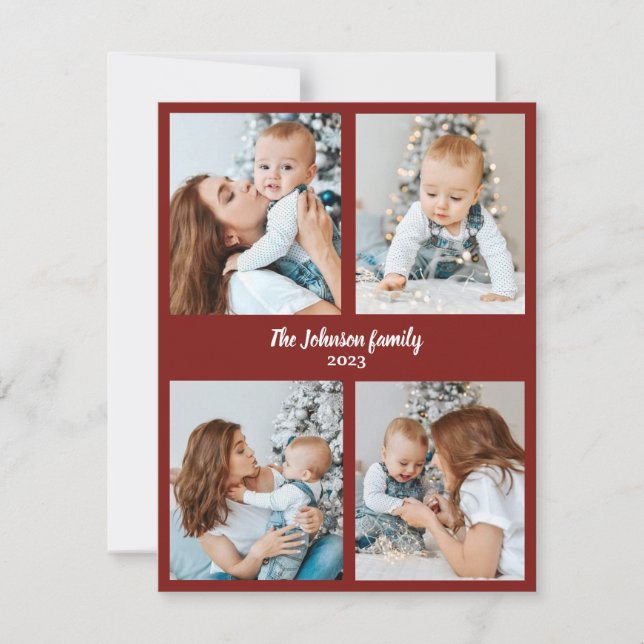 Сhristmas family photocard red & white four photo  holiday card (Front)