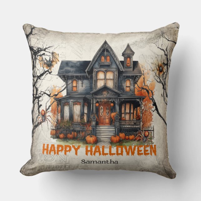 Сlassic traditional watercolor haunted house cushion (Front)