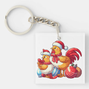 Сute Christmas Chickens, Xmas Farm Chickens Key Ring