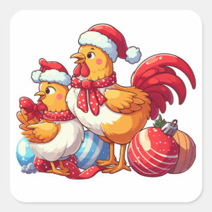 Сute Christmas Chickens, Xmas Farm Chickens   Square Sticker