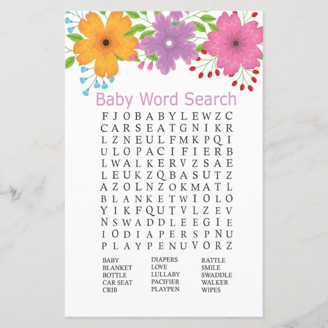 Сute flowers Baby Shower Word Search Game (Front)