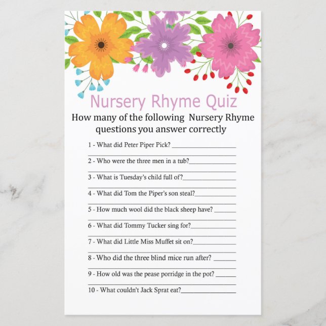 Сute flowers Nursery Rhyme Quiz baby shower game (Front)