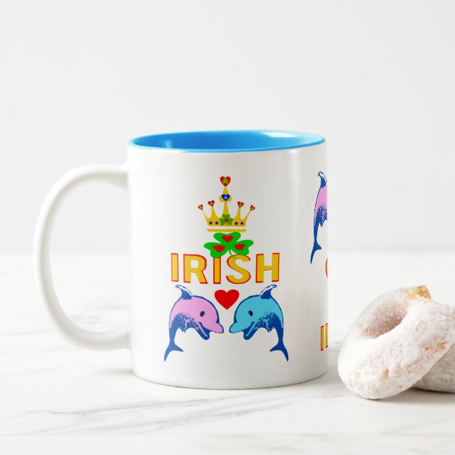 ♥ټ☘I Love Irish-Frisky Dolphin Couple Fab Classic Two-Tone Coffee Mug (With Donut)