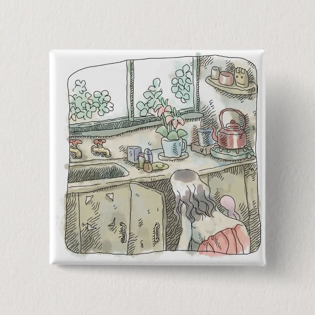 さないなじ　窓際で台所流しの下の棚を屈んで覗き込む女性のイラスト 15 CM SQUARE BADGE (Front)