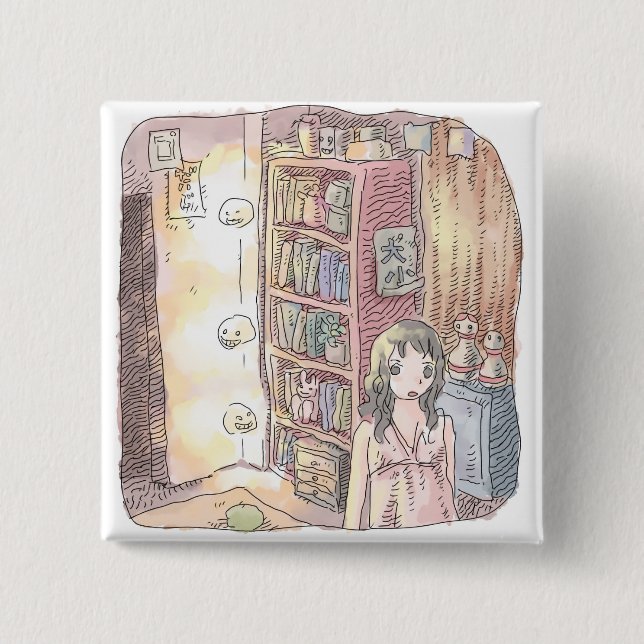 さなくむじ   薄暗いお部屋で本棚のそばに浮いているぼんやり光る物体と女性のイラスト 15 CM SQUARE BADGE (Front)