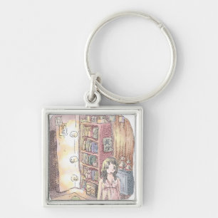 さなくむじ 薄暗いお部屋で本棚のそばに浮いているぼんやり光る物体と女性のイラスト KEY RING