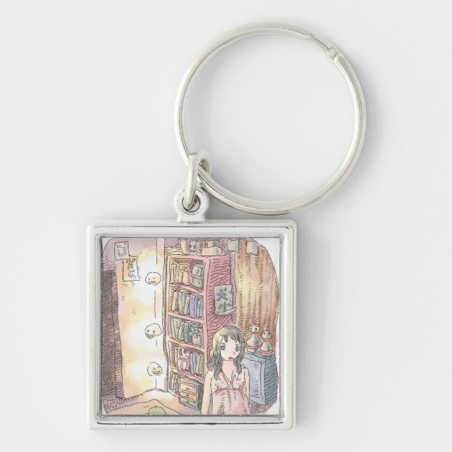 さなくむじ   薄暗いお部屋で本棚のそばに浮いているぼんやり光る物体と女性のイラスト KEY RING (Front)