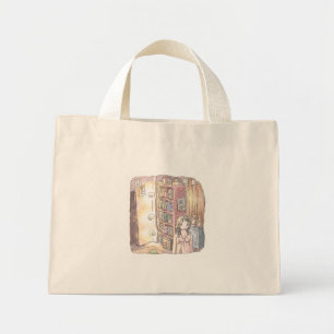 さなくむじ   薄暗いお部屋で本棚のそばに浮いているぼんやり光る物体と女性のイラスト MINI TOTE BAG