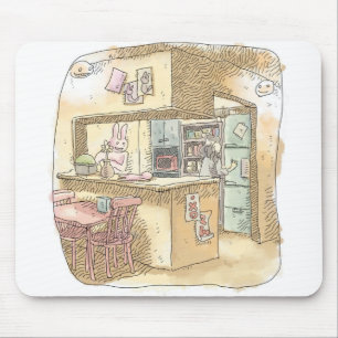 さなくれじ うさぎのいる黄色いキッチンで冷蔵庫を開けようとする女性の後ろ姿のイラスト MOUSE MAT