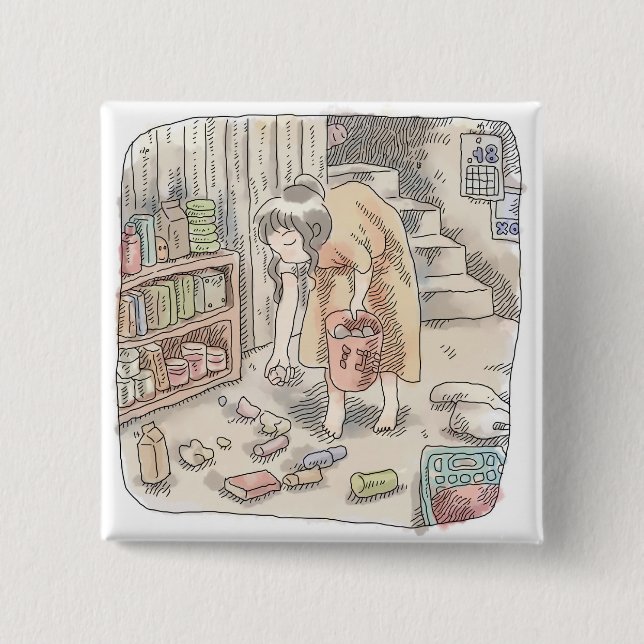 さなささじ  部屋の階段わきで屈んでたくさん落ちているゴミを拾う女性のイラスト 15 CM SQUARE BADGE (Front)