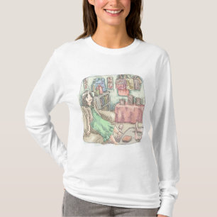 さなやさじ お部屋のソファに腰掛ける緑色のワンピースの女性のイラスト T-Shirt