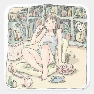 さなれごじ 本がたくさんある散らかったお部屋の座椅子にもたれて歯を磨いている女性のイラスト SQUARE STICKER