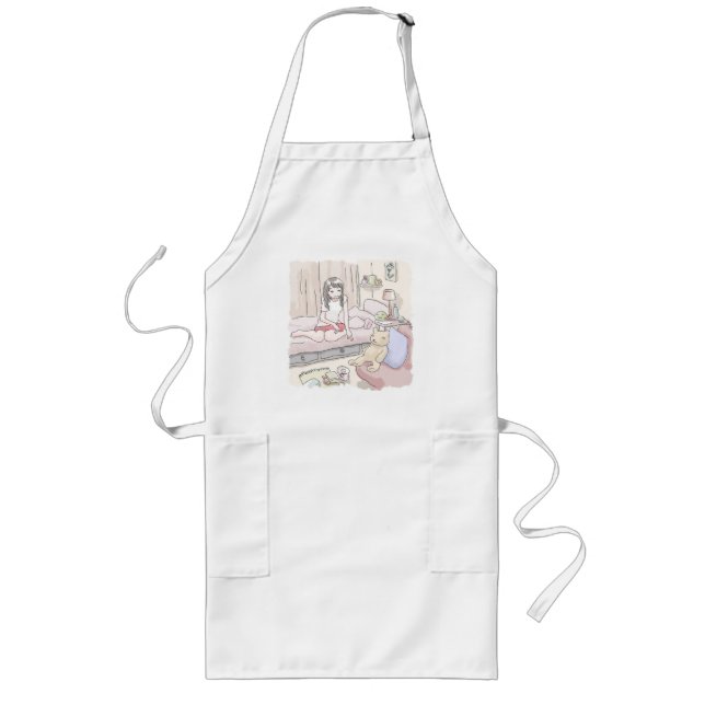 さにさごじ  ぬいぐるみの置いてある寝室のベッドにへたり込んでいる女性のイラスト LONG APRON (Front)