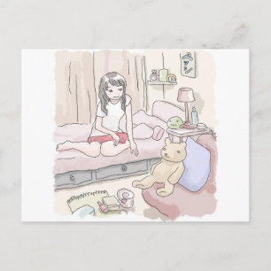 さにさごじ ぬいぐるみの置いてある寝室のベッドにへたり込んでいる女性のイラスト POSTCARD
