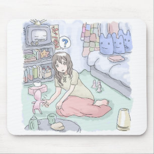 さにしれじ 緑のカーペットが敷いてある寝室でへたり込んでいる女性のイラスト MOUSE MAT
