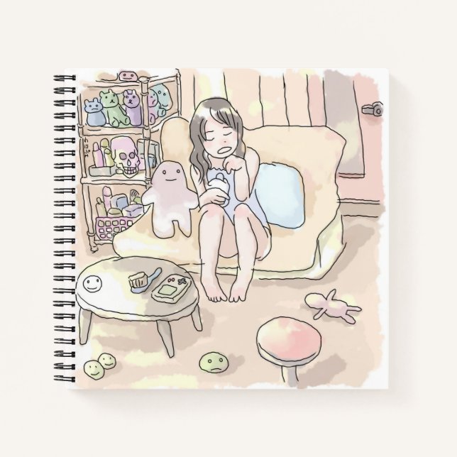 さにれやじ　　ちゃぶ台と雑貨棚のあるお部屋のソファに素足で腰掛ける女性のイラスト NOTEBOOK (Front)