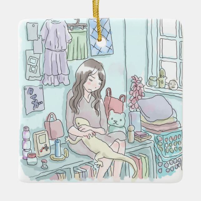 さむさいじ　窓のある水色の部屋の壁際に座って、大きなヤモリを抱っこしている女性のイラスト CERAMIC ORNAMENT (Front)