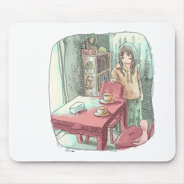 さやさいじ 　水色のお部屋で、赤いテーブルのそばに立つ女性のイラスト MOUSE MAT (Front)