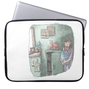 さやさくじ 水色のお部屋の隅の暗がりでぬいぐるみを持って目を閉じる女性のイラスト LAPTOP SLEEVE