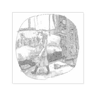 さやしいじ 黄色いお部屋で、眠そうな眼差しで洗濯物の入った籠を運んでうろうろする女性のイラスト SELF-INKING STAMP