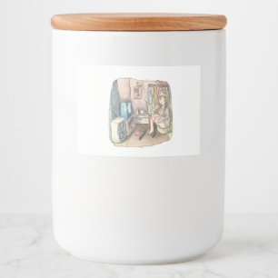 さやしくじ 衣類のかけてある部屋の座椅子に座ってテレビを見ながら靴下をはいている女性のイラスト FOOD LABEL