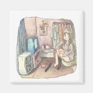 さやしくじ 衣類のかけてある部屋の座椅子に座ってテレビを見ながら靴下をはいている女性のイラスト MAGNET