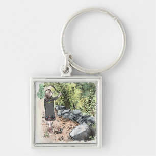 されいいじ 古い瓦が積んである日本の田舎道を散策する女性の水彩イラスト KEY RING
