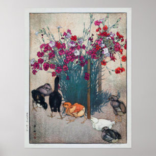 ひよこ, Dianthus & Chicks , Hiroshi Yoshida, Woodcut Poster