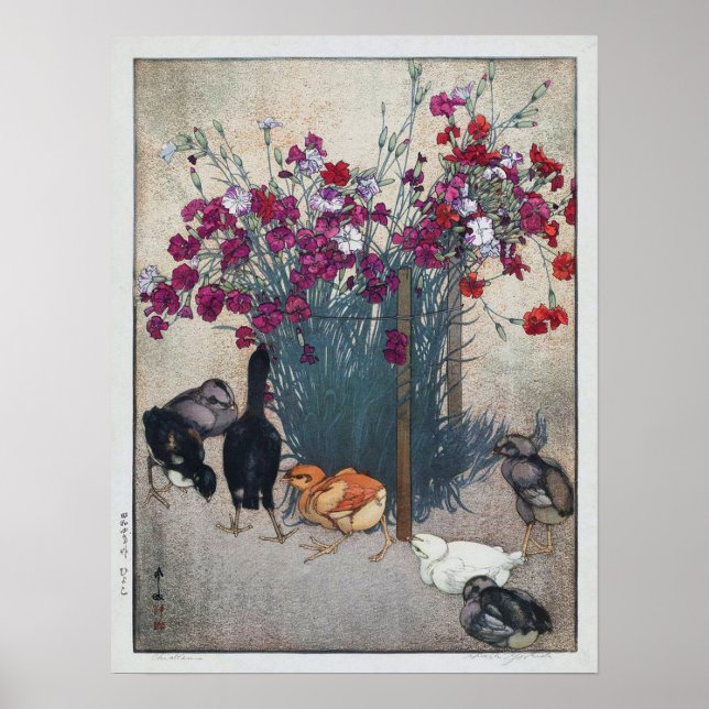 ひよこ, Dianthus & Chicks , Hiroshi Yoshida, Woodcut Poster (Front)
