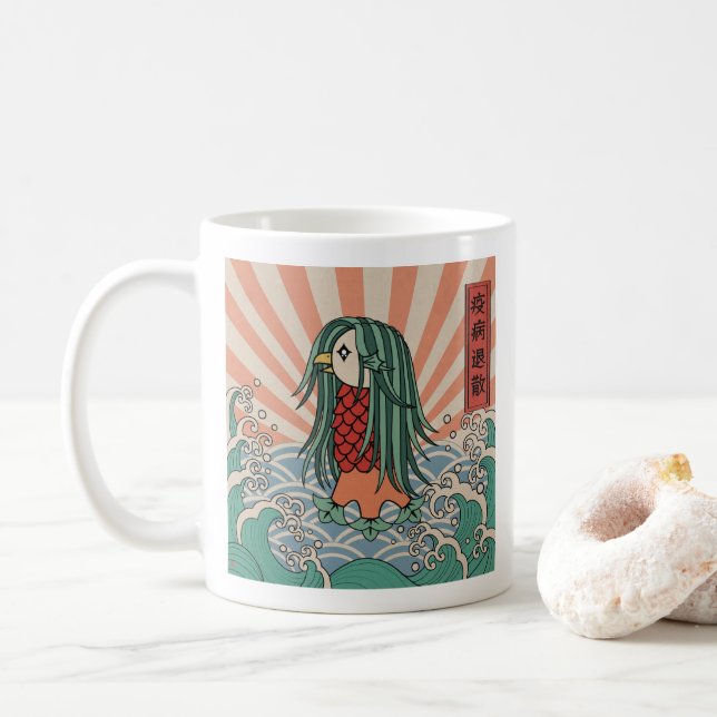 アマビエ　疫病退散 & 招き猫　無病息災  Amabie &  Red Cat Healing Coffee Mug (With Donut)