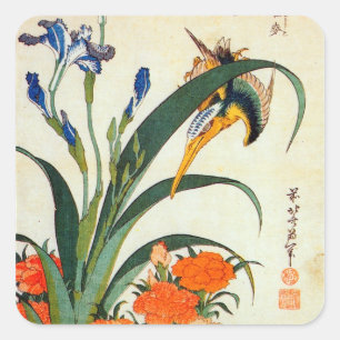 アヤメにカワセミ, 北斎 Iris and Kingfisher, Hokusai, Ukiyo-e Square Sticker