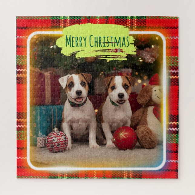 チェック柄がかわいいジャックラッセルテリアの子犬たちとクリスマス♡  JIGSAW PUZZLE (Vertical)
