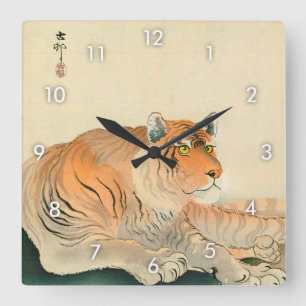 トラ, 小原古邨 Tiger, Ohara Koson, Ukiyo-e Square Wall Clock