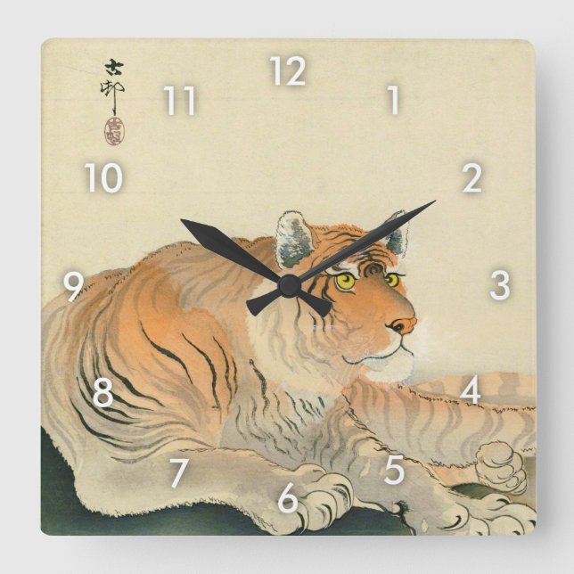 トラ, 小原古邨 Tiger, Ohara Koson, Ukiyo-e Square Wall Clock (Front)