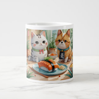 「仲良し猫の寿司時間（Cat Friends' Sushi Time）」 Large Coffee Mug