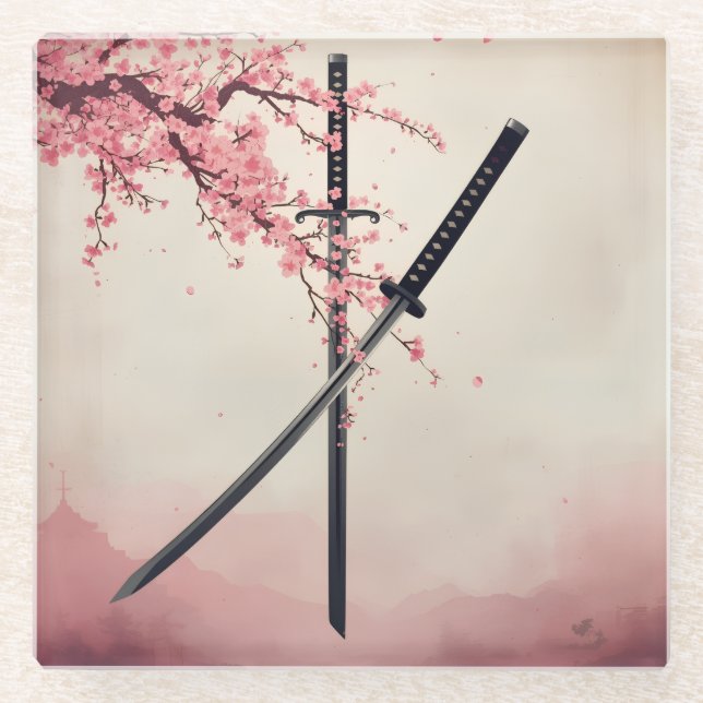 「刀と散華（Katana to Sange）」 Glass Coaster (Front)