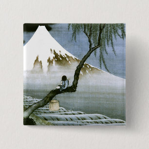 北斎 Boy & Mt Fuji Fine Art 15 Cm Square Badge