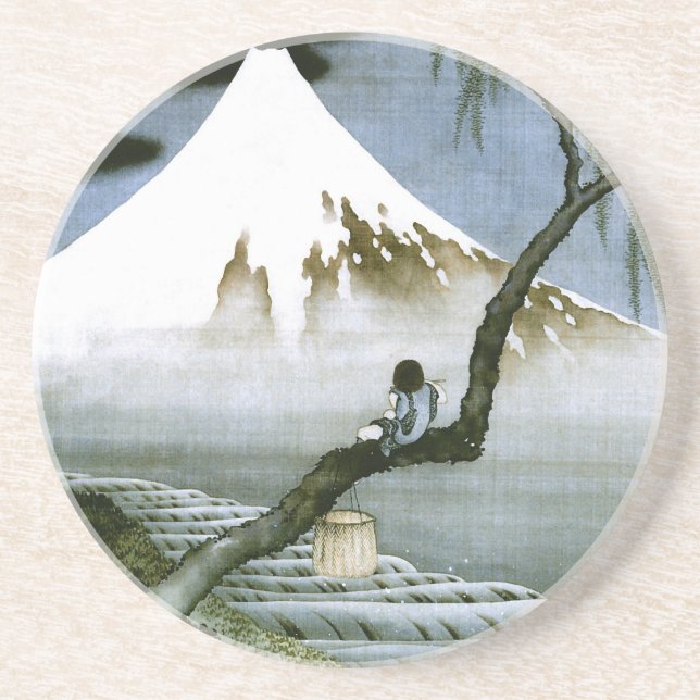 北斎 Boy & Mt Fuji Fine Art Coaster (Front)