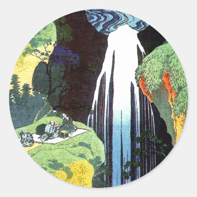 北斎 Hokusai Amida Waterfall Fine Art Classic Round Sticker (Front)