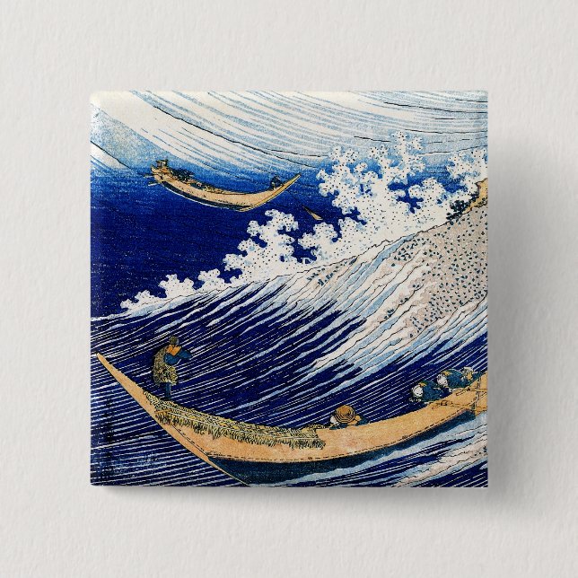 北斎 Hokusai Ocean Waves Japanese Fine Art 15 Cm Square Badge (Front)